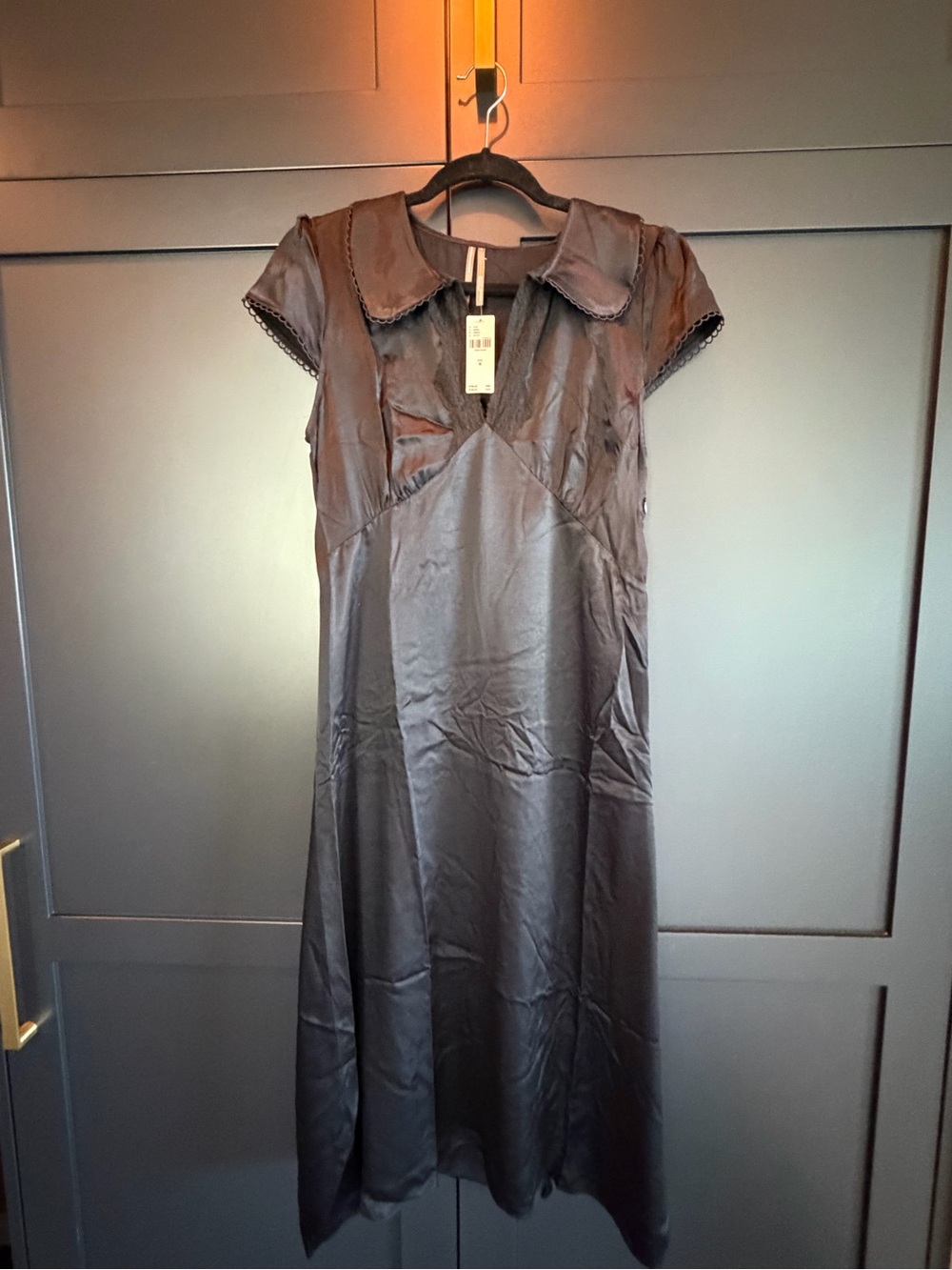 Anthropologie Black Satin Midi Dress with Peter Pan Collar